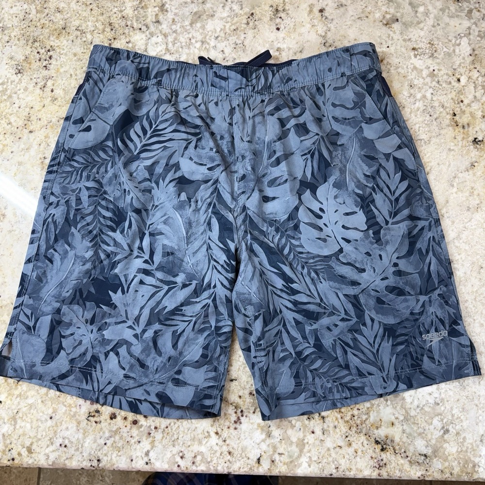 Speedo Mens Swim Trunks L Blue Tropical Hybrid Shorts Compression Liner